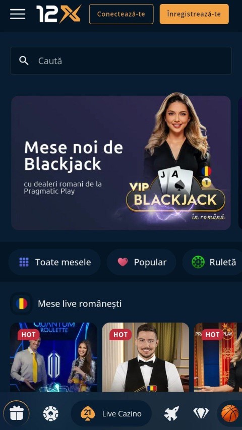 Joacă blackjack cu dealeri reali în aplicația 12bet