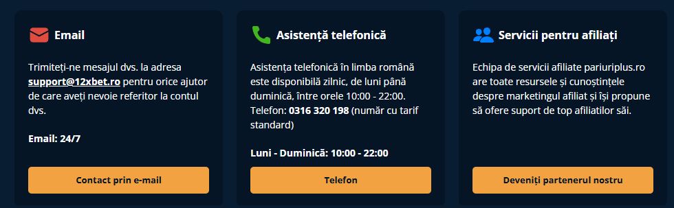 Contactează suportul 12Bet prin email sau telefon